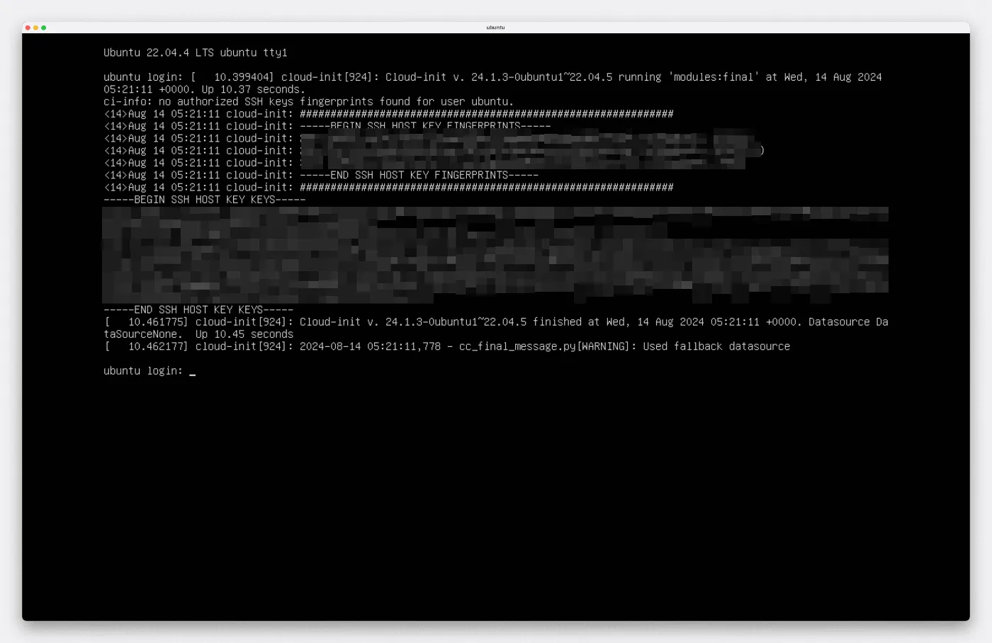 Ubuntuを起動した直後のスクリーンショット。アプリケーションウィンドウ内でUbuntu Serverが立ち上がっている。